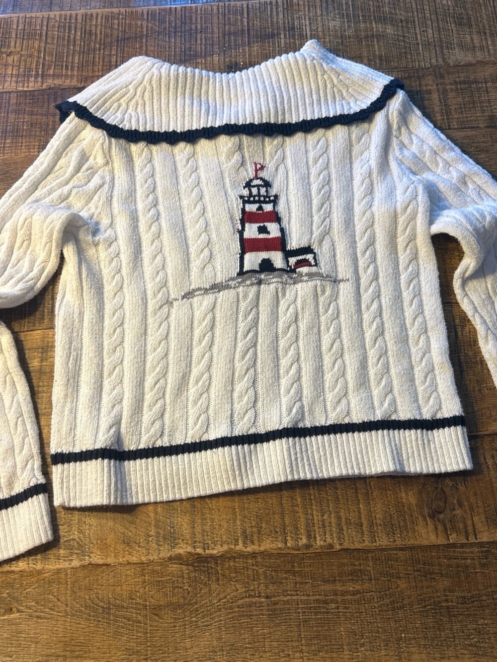Anthropologie Cream Cable-Knit Sweater with Nautical Lighthouse